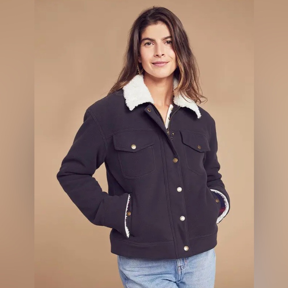 Faherty Fuzzy Lined Navy Blue Fleece Full-Zip Trucker Jacket Size Medium